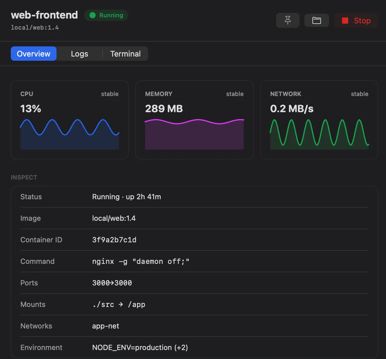 A container's detail view: live CPU, memory, and network charts above the inspect table