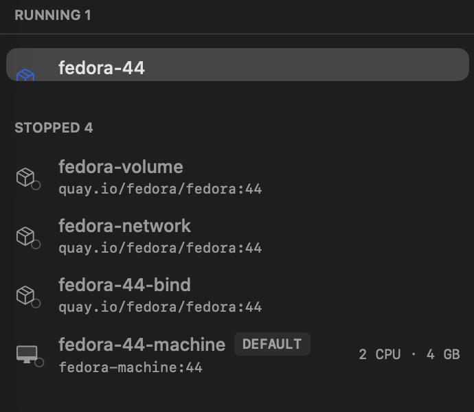 The compute list showing the just-started fedora-44 row squashed to half height, its image line clipped, while the stopped rows below render at full height