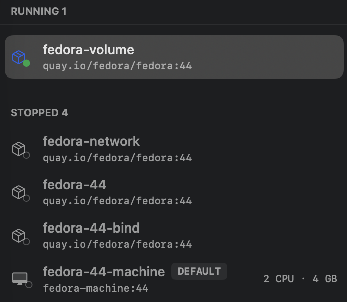 The compute list after the fix: the just-started fedora-volume row renders at full height in the new RUNNING section, name and image line both visible